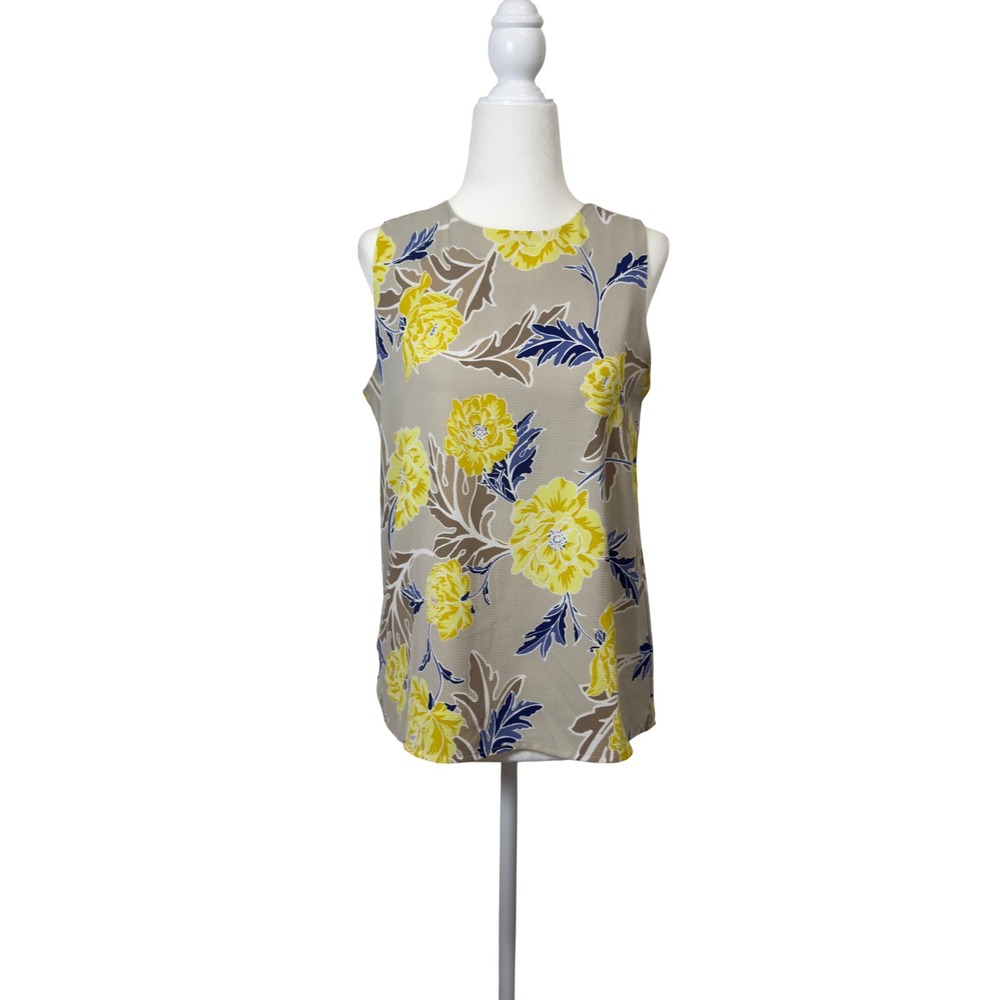 C&E Women Tan Yellow Floral Sleeveless Keyhole Back Blouse Top Small